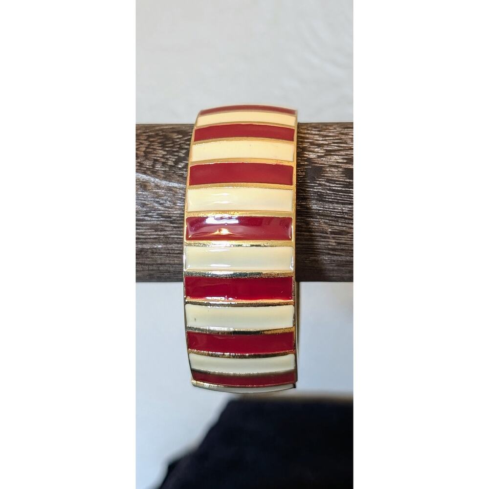 Red Cream Stripe Gold Tone Oval Clamper Style Bangle Bracelet